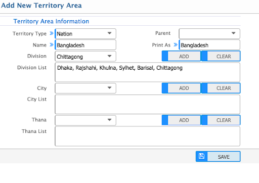 Creating Territory Area and Subarea Add Form